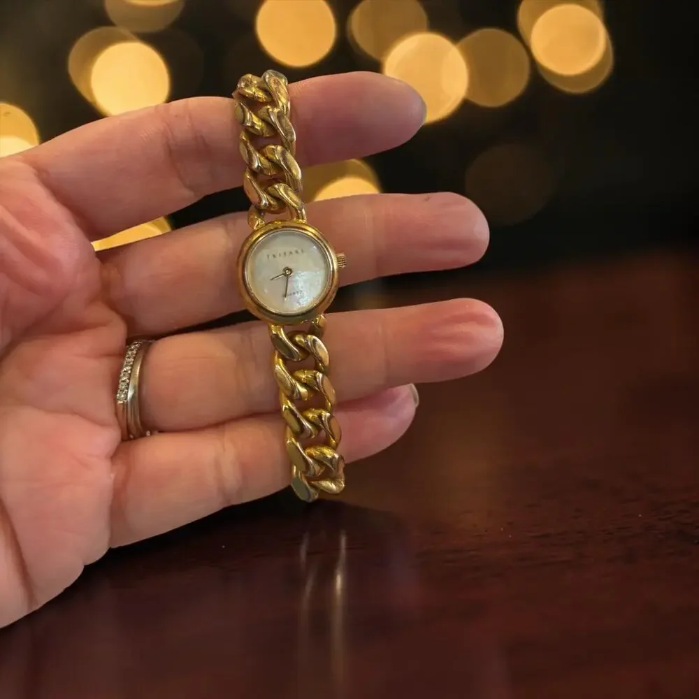 Trifari Gold Chain Bracelet Watch Mother of Pearl Dial 90s Chunky Jewelry Quartz
